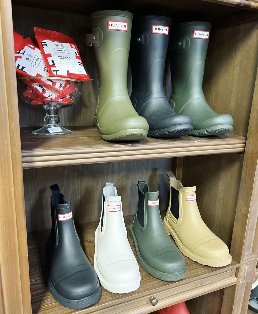 various sizes of Rain Boots on Shelf